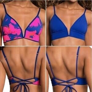 Maaji Jade Black Parade Long Line Triangle Reversible Bikini Top Blue Pink NWT S